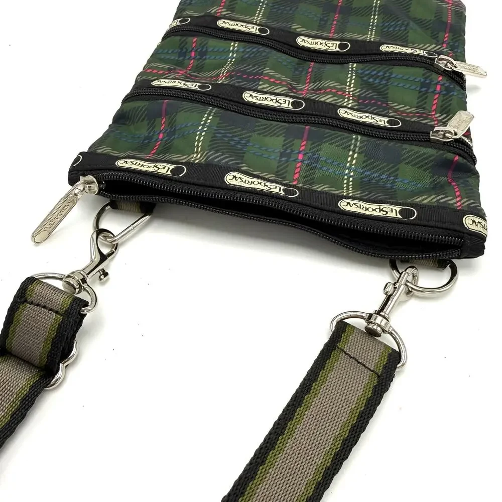LeSportsac Green Plaid 3 Zip Crossbody Shoulder Bag Purse 7.5x9.5 Classic Casual